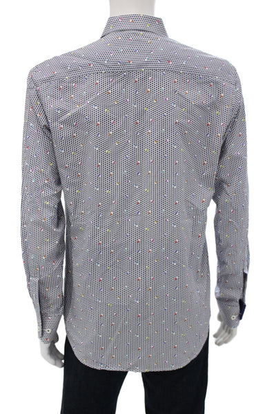 Bugatchi Mens Point Collar Geometric Cotton Button-Up Long Sleeve Blue Size M