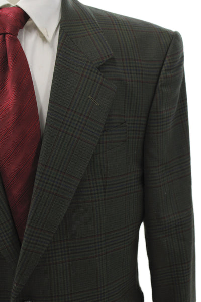 Lanvin Mens Wool Plaid Blazer Collared Button Long Sleeve Green Classic Size 40
