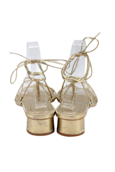 Zara Womens Block Heel Metallic Strappy Sandals Gold Tone Leather Size 40
