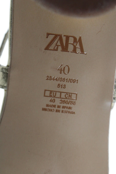 Zara Womens Block Heel Metallic Strappy Sandals Gold Tone Leather Size 40