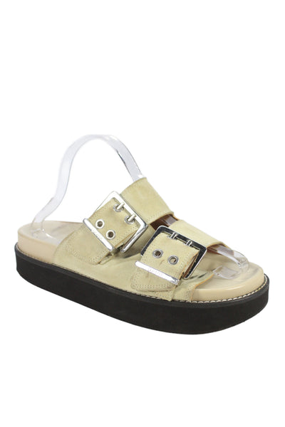 Ganni Womens Double Buckle Platform Slide Sandals Beige Suede Size 39