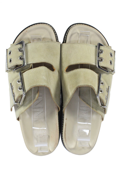 Ganni Womens Double Buckle Platform Slide Sandals Beige Suede Size 39