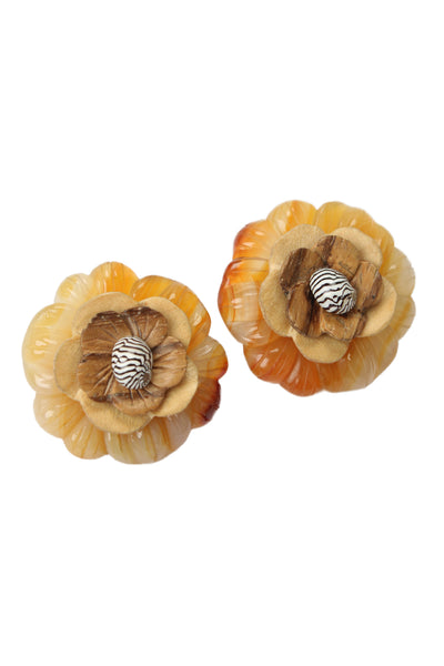 Seaman Schepps Womens 18K Gold Agate+Wood+Shell Carved Flower Earrings 18g