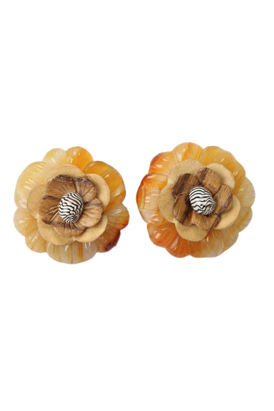 Seaman Schepps Womens 18K Gold Agate+Wood+Shell Carved Flower Earrings 18g
