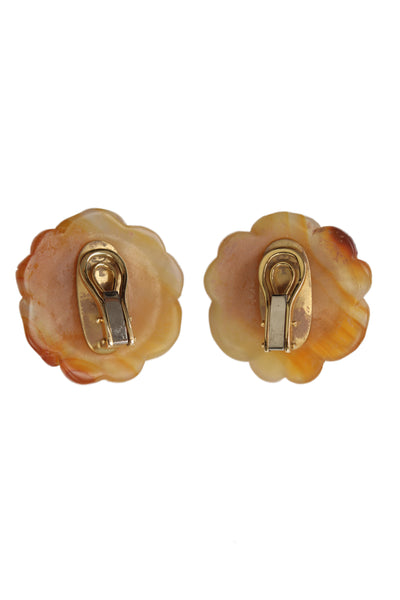 Seaman Schepps Womens 18K Gold Agate+Wood+Shell Carved Flower Earrings 18g