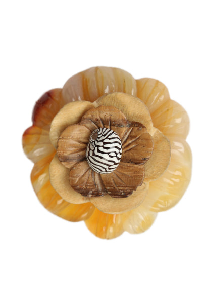 Seaman Schepps Womens 18K Gold Agate+Wood+Shell Carved Flower Earrings 18g