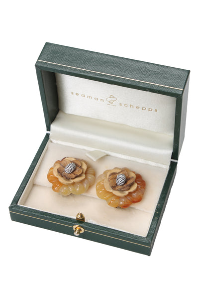 Seaman Schepps Womens 18K Gold Agate+Wood+Shell Carved Flower Earrings 18g