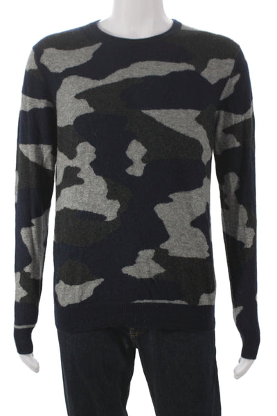Brodie Mens Dark Blue Camouflage Cashmere Pullover Sweater Size M