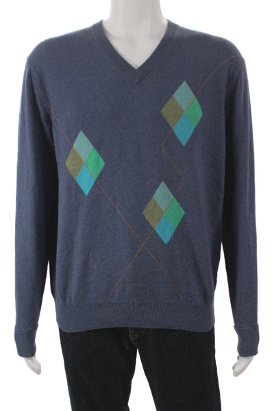 Raffi Mens V-Neck Argyle 100% Wool Pullover Sweater Dark Blue Size M