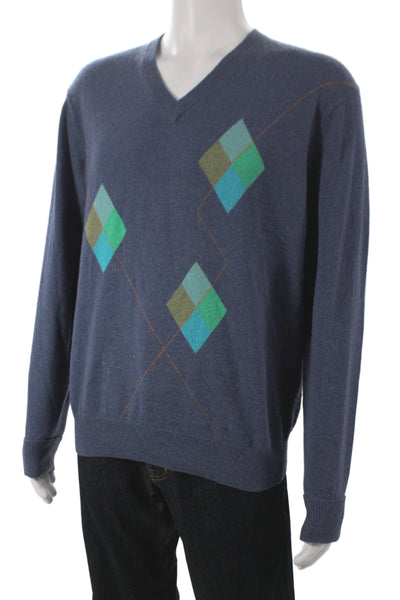 Raffi Mens V-Neck Argyle 100% Wool Pullover Sweater Dark Blue Size M