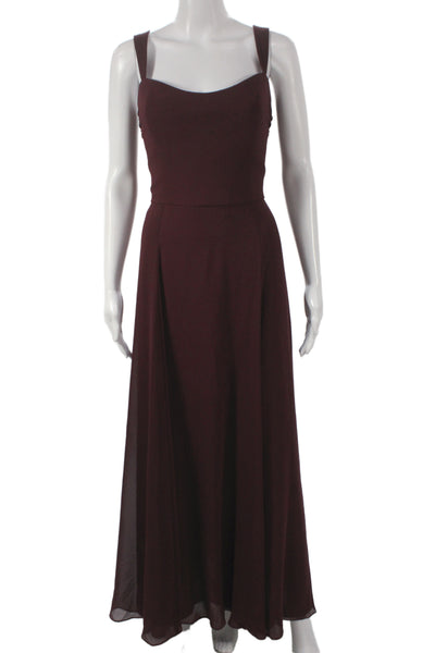 Amsale Women Maxi Chiffon Polka Dot Brown Sleeveless Full-Length Dress Size 12