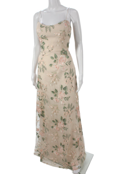 Jenny Yoo Women Maxi Slip Dress Beige Chiffon Mesh Sleeveless Size 8