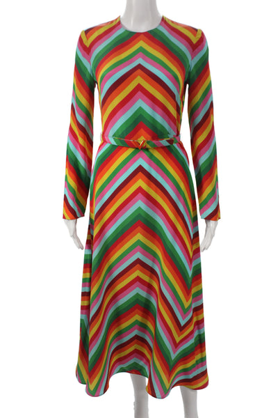 Valentino Women A-Line Maxi Dress Green Silk Striped Long Sleeve Size S
