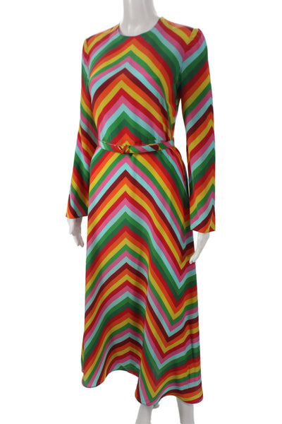 Valentino Women A-Line Maxi Dress Green Silk Striped Long Sleeve Size S