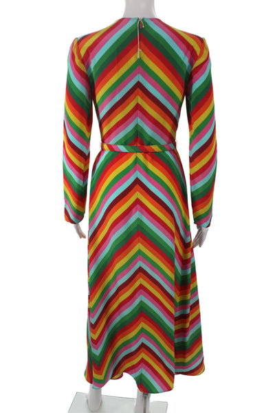 Valentino Women A-Line Maxi Dress Green Silk Striped Long Sleeve Size S