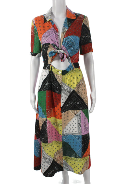 Staud Womens Shirt Dress Silk Paisley Midi Short Sleeve Multi Size 6