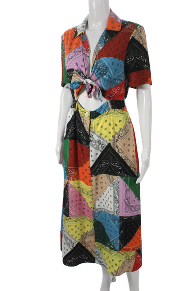 Staud Womens Shirt Dress Silk Paisley Midi Short Sleeve Multi Size 6