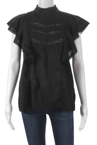 Hartford Women Black Wool Cotton Sequin High Neck Short Sleeve Blouse Size 1