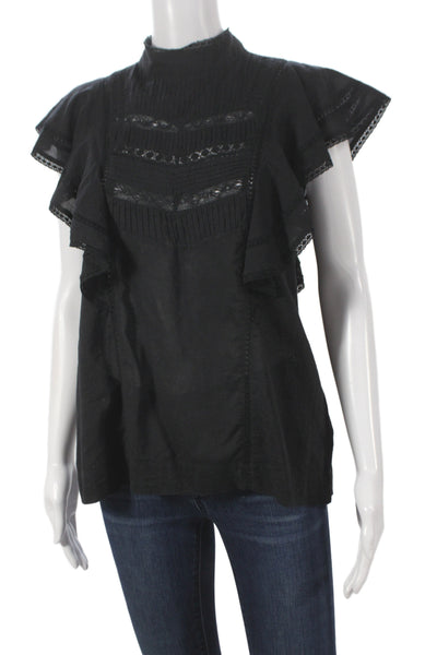 Hartford Women Black Wool Cotton Sequin High Neck Short Sleeve Blouse Size 1