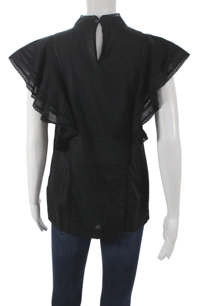Hartford Women Black Wool Cotton Sequin High Neck Short Sleeve Blouse Size 1