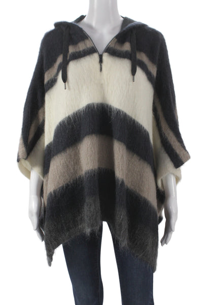 Brunello Cucinelli Women Striped Black Mohair Poncho Drawstring Size One Size