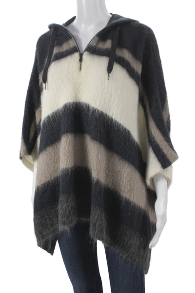 Brunello Cucinelli Women Striped Black Mohair Poncho Drawstring Size One Size