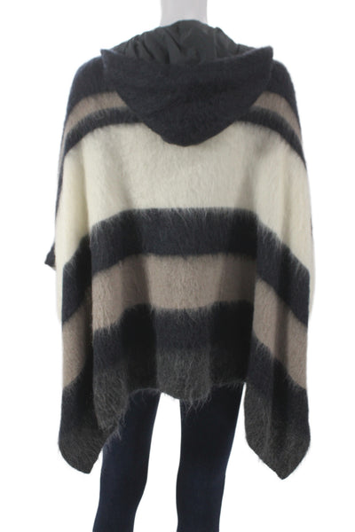 Brunello Cucinelli Women Striped Black Mohair Poncho Drawstring Size One Size