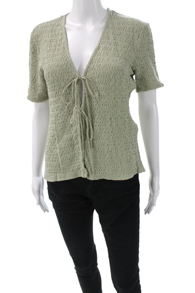 Zara Women Bohemian V-Neck Tie Short Sleeve Blouse Green Size L