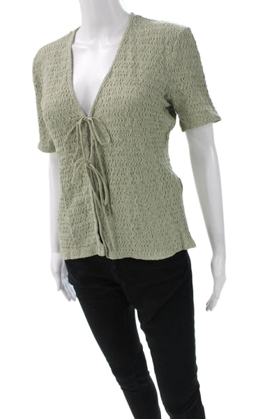 Zara Women Bohemian V-Neck Tie Short Sleeve Blouse Green Size L