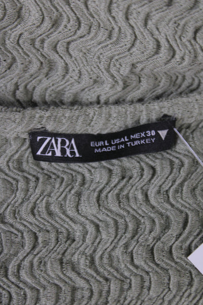 Zara Women Bohemian V-Neck Tie Short Sleeve Blouse Green Size L