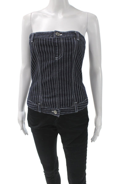 Zara Women Sleeveless Striped Cotton Top Dark Blue 90s Button Size M