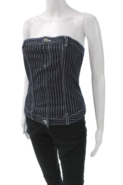 Zara Women Sleeveless Striped Cotton Top Dark Blue 90s Button Size M