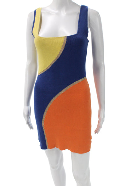 Solid & Striped Women Blue Geometric Bodycon Tank Dress Square Neck Size M