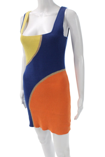 Solid & Striped Women Blue Geometric Bodycon Tank Dress Square Neck Size M