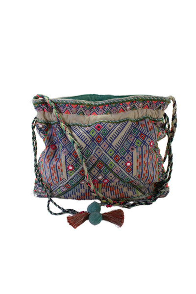 Star Mela Womens Zip Top Embroidered Geometric Canvas Pouch Handbag White Multi