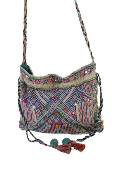 Star Mela Womens Zip Top Embroidered Geometric Canvas Pouch Handbag White Multi
