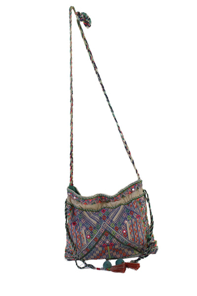 Star Mela Womens Zip Top Embroidered Geometric Canvas Pouch Handbag White Multi