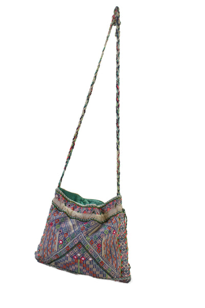 Star Mela Womens Zip Top Embroidered Geometric Canvas Pouch Handbag White Multi
