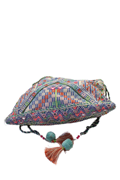 Star Mela Womens Zip Top Embroidered Geometric Canvas Pouch Handbag White Multi