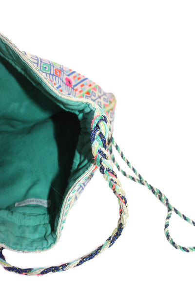 Star Mela Womens Zip Top Embroidered Geometric Canvas Pouch Handbag White Multi