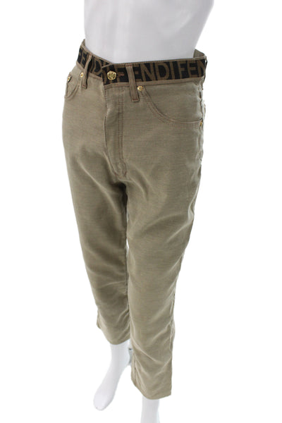 Fendi Mens Cropped Ankle Beige Pants Button Closure Designer Size IT 43
