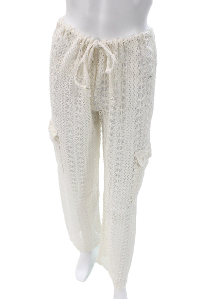 Blanco Women Crochet Cotton Cargo Pants White Beach Drawstring Size S