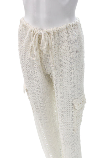 Blanco Women Crochet Cotton Cargo Pants White Beach Drawstring Size S