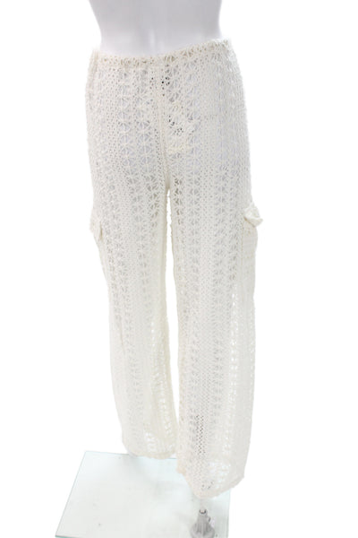 Blanco Women Crochet Cotton Cargo Pants White Beach Drawstring Size S