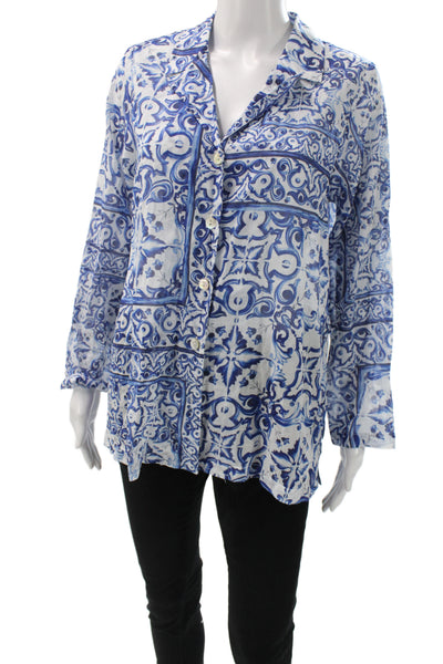 Positano Couture Women Tunic Blouse Blue Silk Button Long Sleeve Size M
