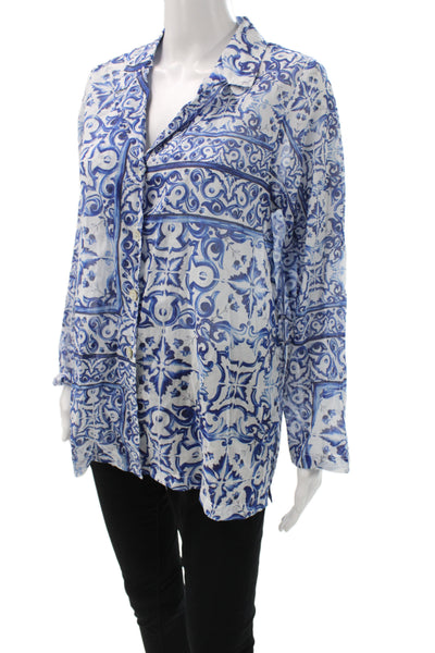 Positano Couture Women Tunic Blouse Blue Silk Button Long Sleeve Size M