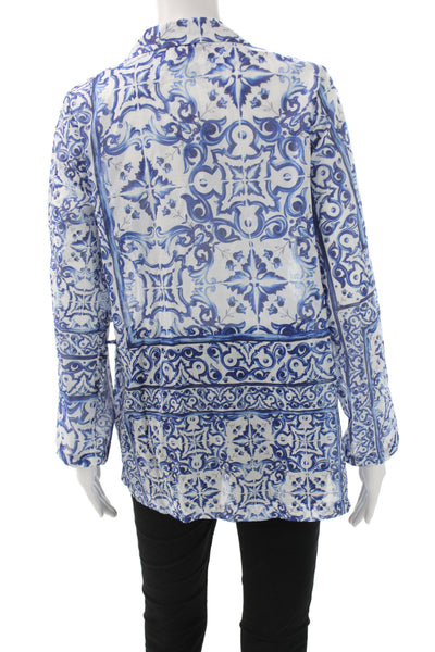 Positano Couture Women Tunic Blouse Blue Silk Button Long Sleeve Size M