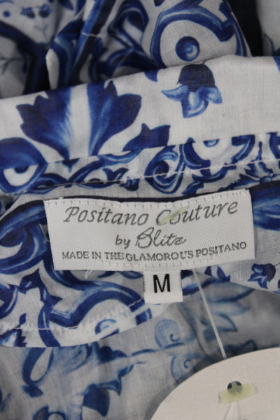 Positano Couture Women Tunic Blouse Blue Silk Button Long Sleeve Size M
