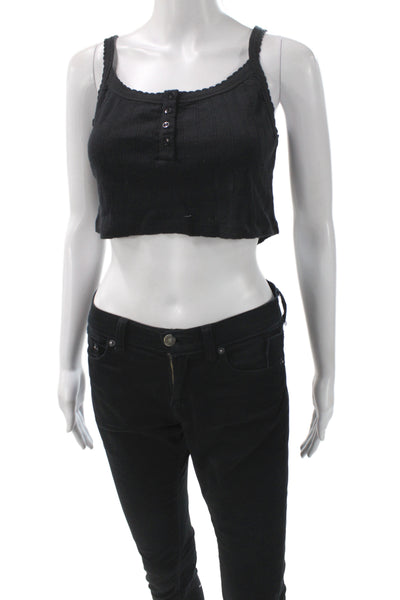 Leset Women Cropped Camisole Black Cotton Spandex Round Neck Size S