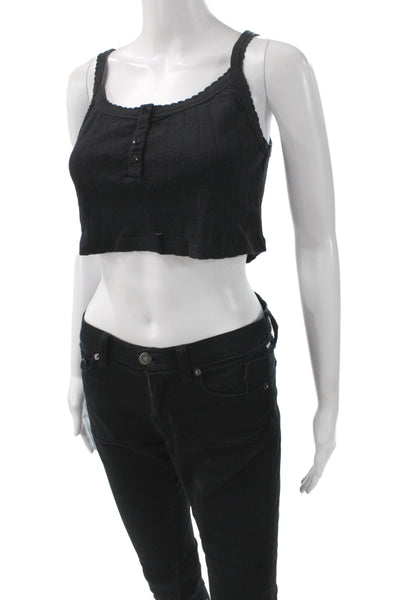 Leset Women Cropped Camisole Black Cotton Spandex Round Neck Size S